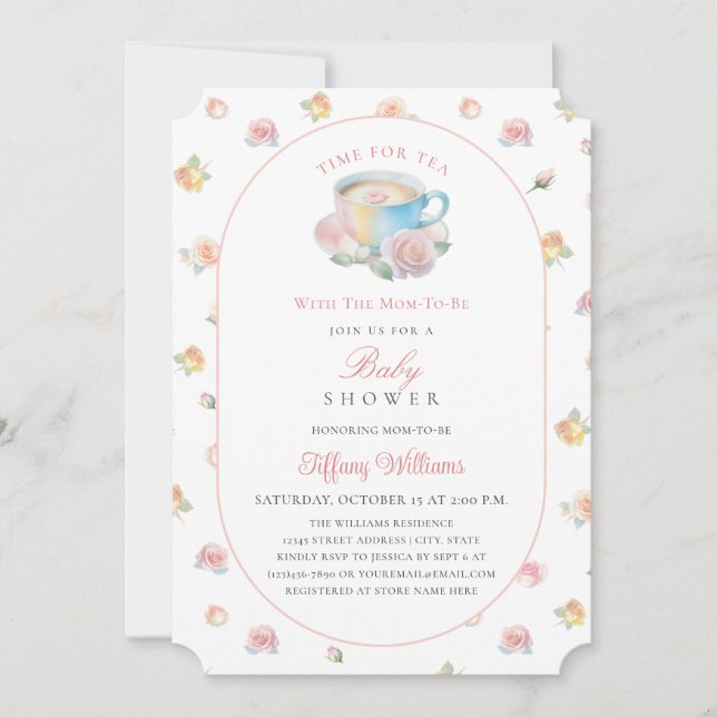 Invitation Time For Tea Elegant Blush Pink Floral Baby Shower (Devant)