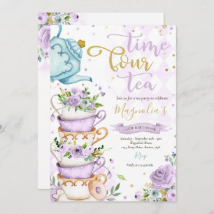 Invitation Time Four Tea Purple Floral 4e anniversaire ParTEA