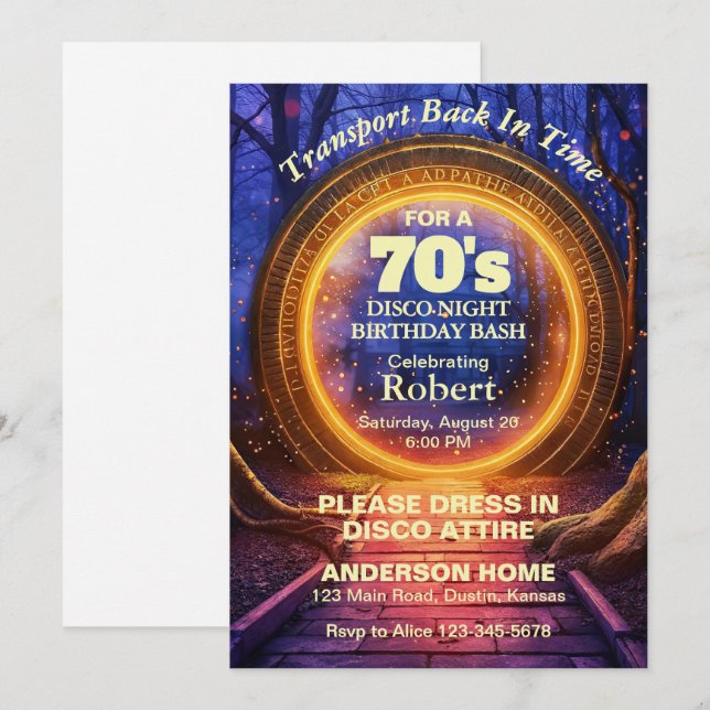 Invitation Time Portal 70s Disco Night Birthday Party (Devant / Derrière)