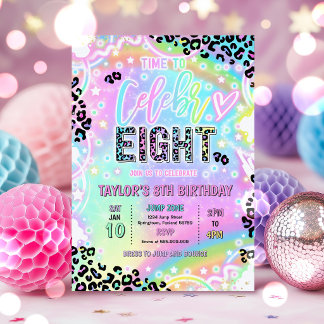 Invitation Time To Celebr-Eight Rainbow Leopard 8th Birthday