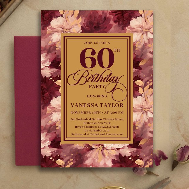 Invitation Timeless 60th Birthday Burgundy Gold Floral Invite (Timeless 60th Birthday Burgundy Gold Floral Invitation)