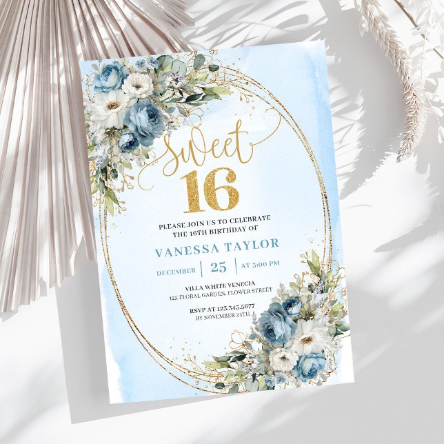 Invitation Timeless Blue and White Floral Sweet Sixteen   (Timeless Blue and White Floral Sweet Sixteen Invitation)