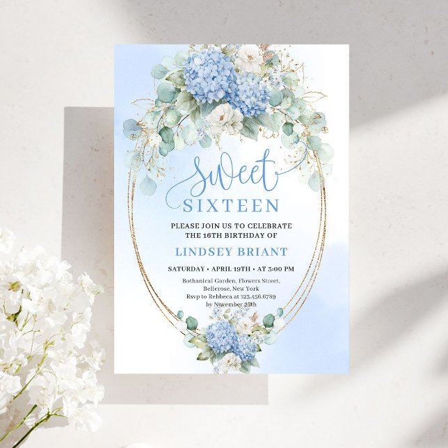 Invitation Timeless Blue Floral Gold Sweet 16 Birthday Invite (Timeless Blue Floral Gold Sweet 16 Birthday Invite)