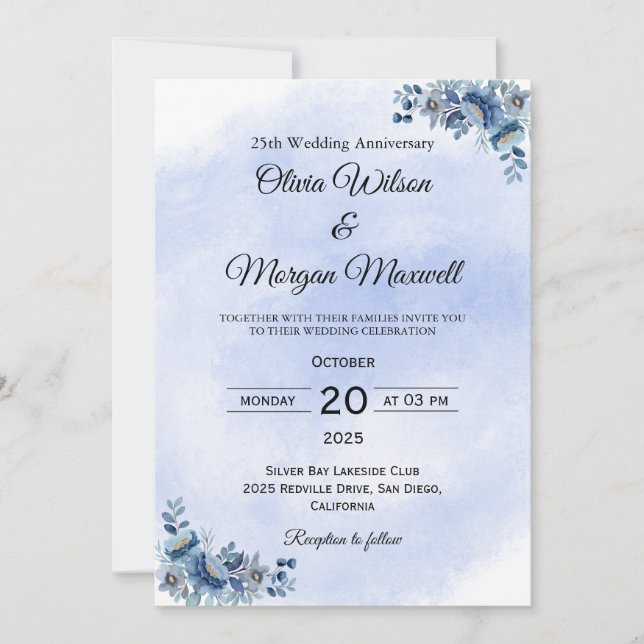 Invitation Timeless Blue Floral Wedding Anniversary  (Devant)