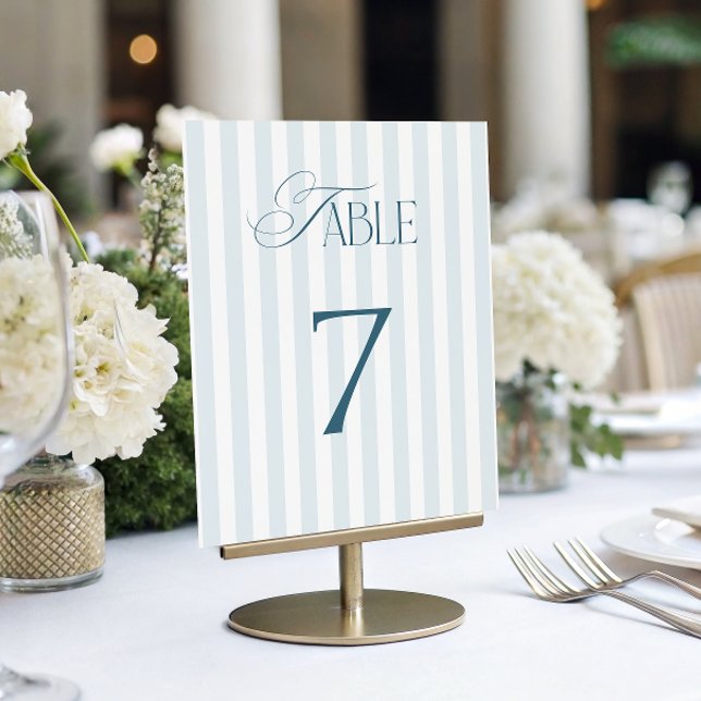 Invitation Timeless Blue Stripes Wedding Table Number 7 Sign (Créateur téléchargé)