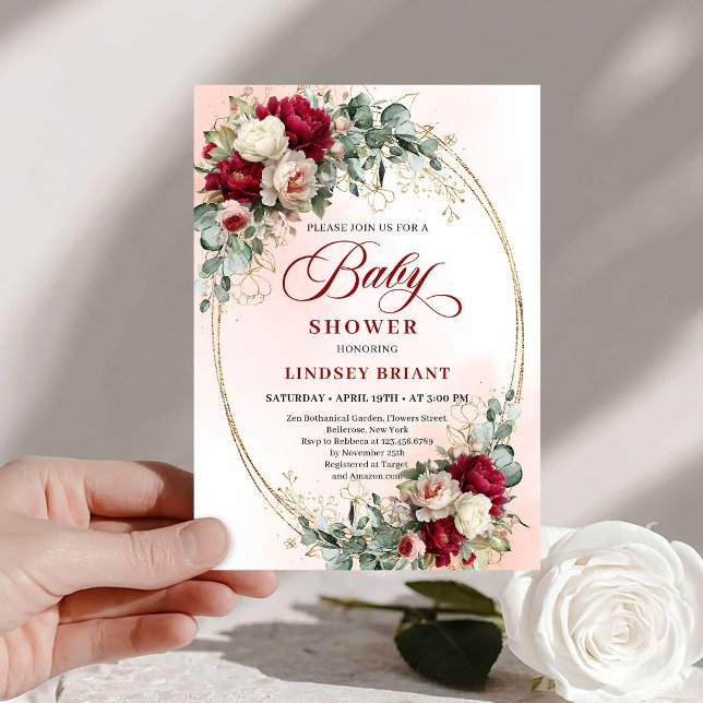 Invitation Timeless Bohemian Burgundy Floral Gold Baby Shower (Timeless Bohemian Burgundy Floral Baby Shower Invite)