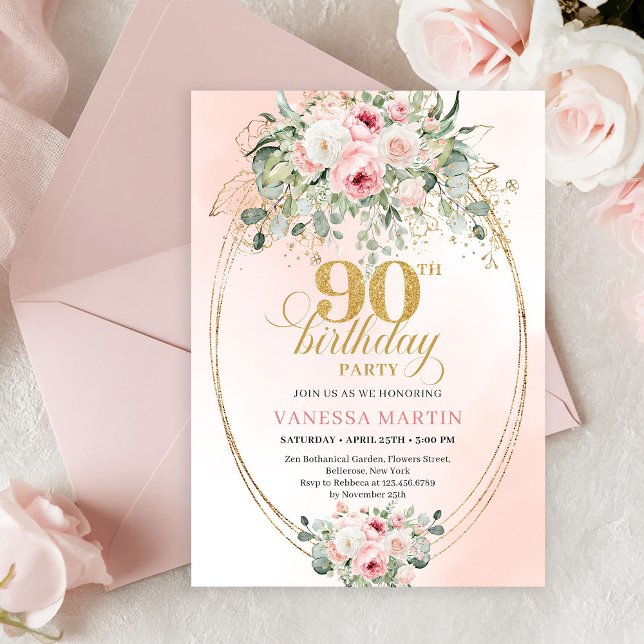 Invitation Timeless Boho Blush Roses Gold 90th Birthday Invit (Elegant Blush Rose Greenery Gold 90th Birthday Invite)
