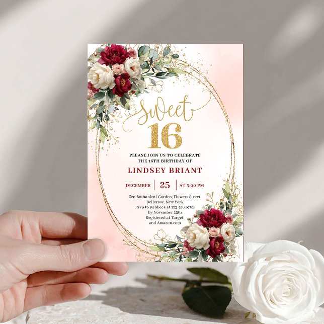 Invitation Timeless Boho Burgundy Gold Floral Sweet Sixteen  (Timeless Boho Burgundy Gold Floral Sweet Sixteen Invite)
