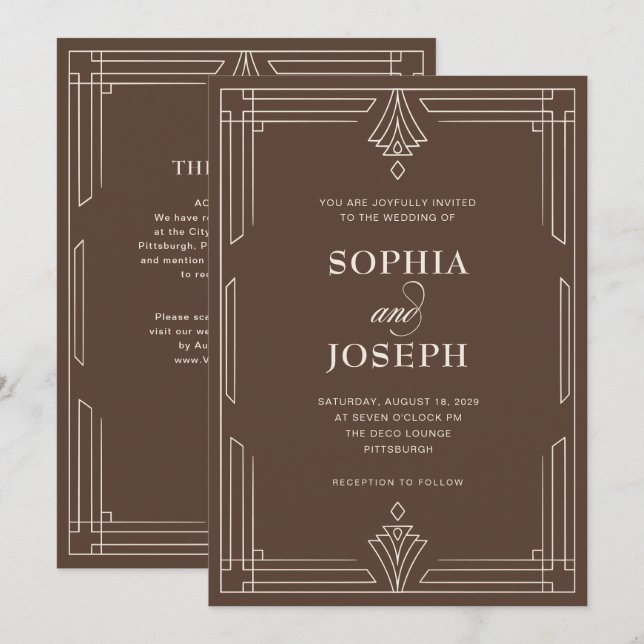 Invitation Timeless Brown | Code QR Tout en Un Mariage (Devant / Derrière)