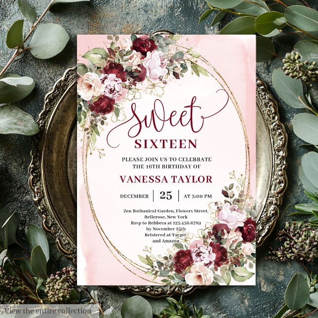 Invitation Timeless Burgundy Blush Floral Sweet 16 Invite (Timeless Burgundy Blush Floral Sweet 16 Invite)