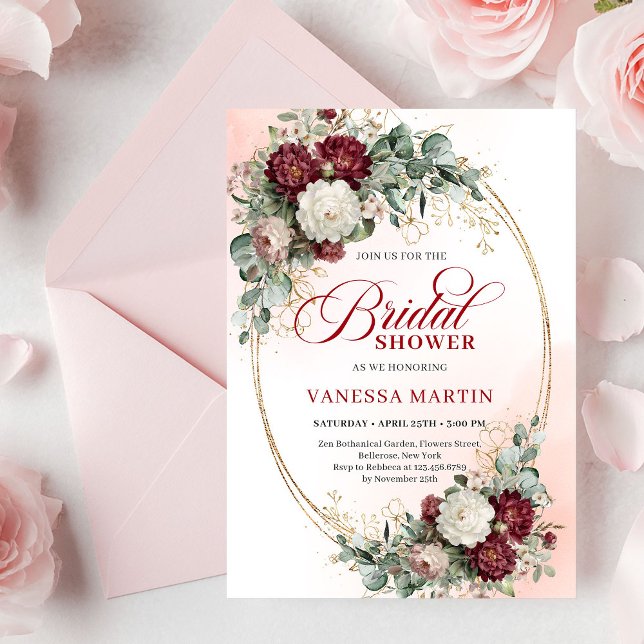 Invitation Timeless Burgundy Flowers with Gold Bridal Shower  (Timeless Burgundy Flowers with Gold Bridal Shower Invite)