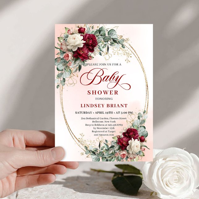 Invitation Timeless Burgundy Gold Floral Baby Shower Invite (Timeless Burgundy Gold Floral Baby Shower Invite)