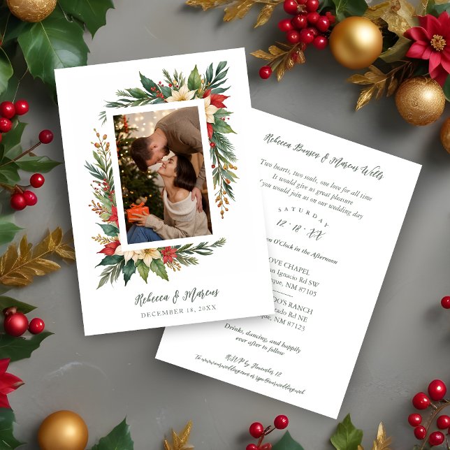 Invitation Timeless Christmas Poinsettia Photo Wedding (Timeless Christmas Poinsettia Photo Wedding Invitation Card. )
