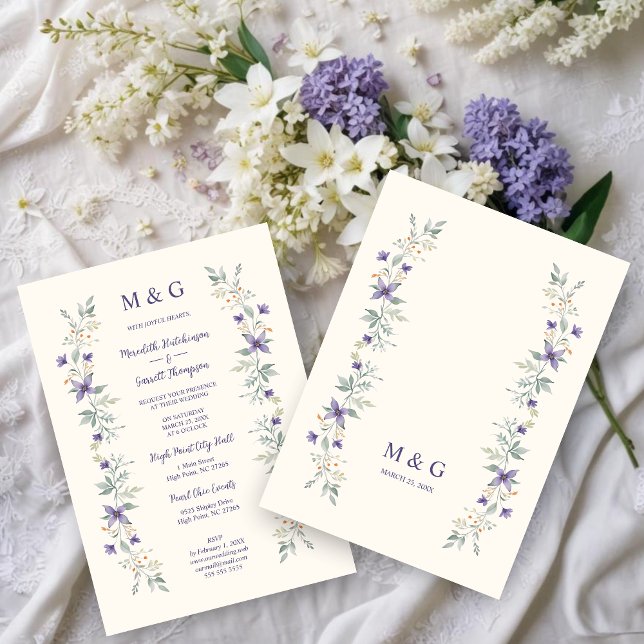 Invitation Timeless Classic Purple Flowers Branches Wedding (Timeless Classic Purple Flowers & Branches Garlands Wedding Invitations Cards with Initials. )