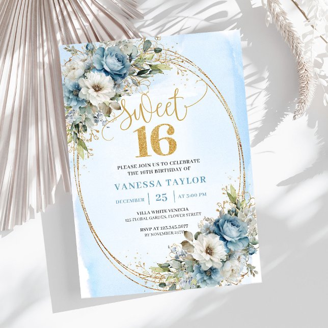Invitation Timeless Dusty Blue Floral Gold Sweet Sixteen  (Timeless Dusty Blue Floral Gold Sweet Sixteen Invite)