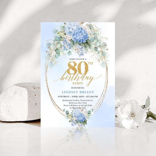Invitation Timeless Dusty Blue Gold 80th Birthday Invite (Timeless Dusty Blue Gold 80th Birthday Invite)