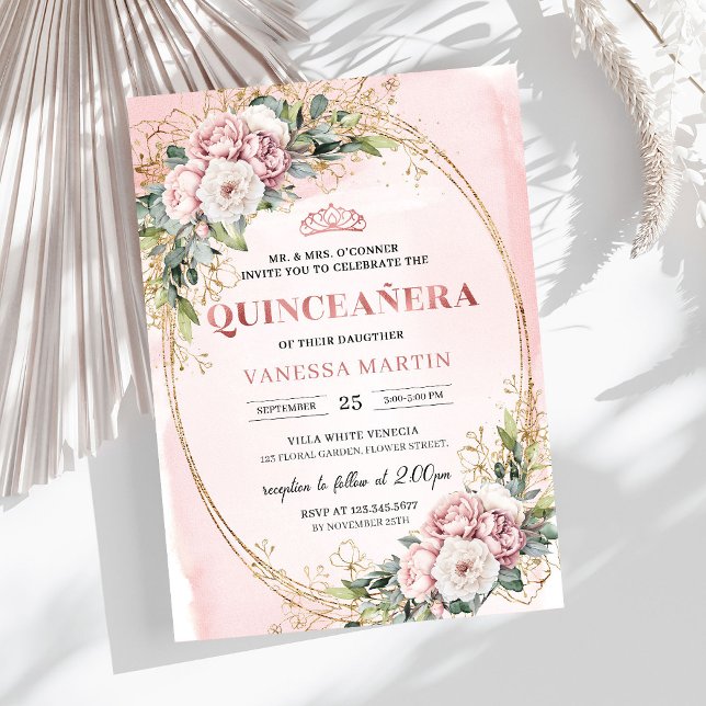 Invitation Timeless Dusty Pink Floral Greenery Quinceañera  (Timeless Dusty Pink Floral Greenery Quinceañera Invitation

)