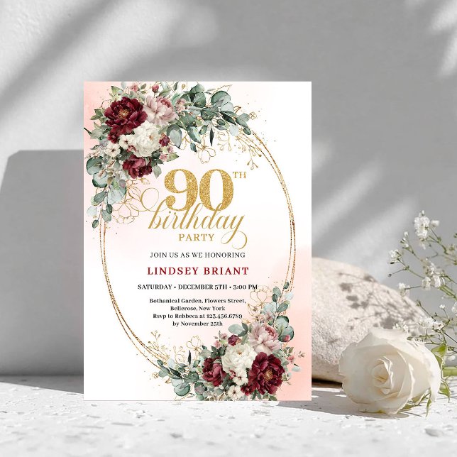 Invitation Timeless Maroon Floral Eucalyptus 90th Birthday  (Timeless Maroon Floral Eucalyptus 90th Birthday Invite)