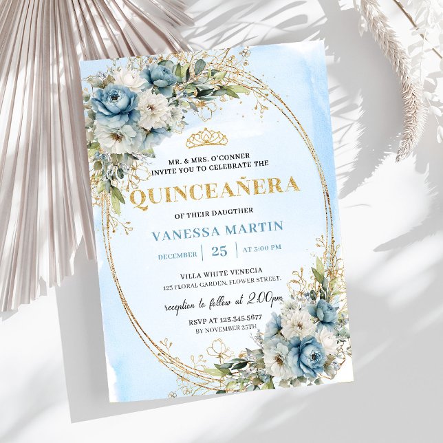 Invitation Timeless Pastel Blue Gold Eucalyptus Quince Invite (Timeless Pastel Blue Gold Eucalyptus Quince Invitation)