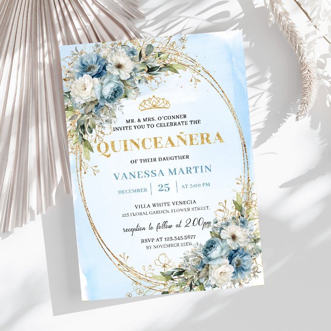Invitation Timeless Pastel Blue Gold Eucalyptus Quinceañera (Timeless Pastel Blue Gold Eucalyptus Quinceañera)