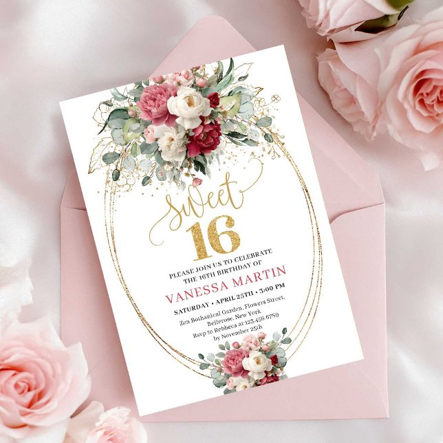 Invitation Timeless Red Burgundy Gold Floral Sweet 16 Invite (Timeless Red Burgundy Gold Floral Sweet 16 Invitation)