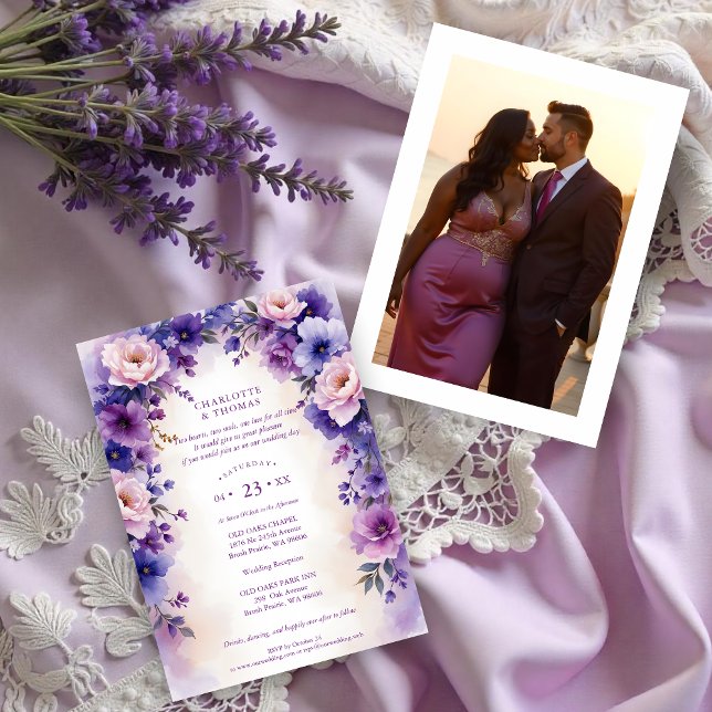 Invitation Timeless Romantic Purple Shades Flowers Arch Photo (Timeless Romantic Purple Shades Flowers & Branches Arch with Photo in the Back Wedding Invitations)