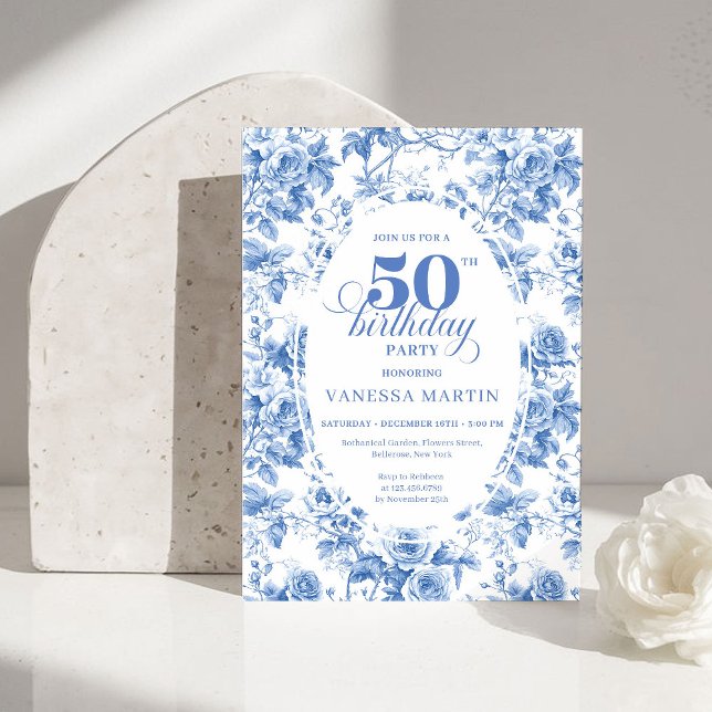 Invitation Timeless Royal Blue Toile de Jouy 50th Birthday  (Timeless Royal Blue Toile de Jouy 50th Birthday Invite)
