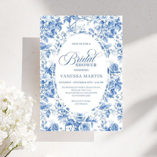 Invitation Timeless Royal Blue Toile de Jouy Bridal Shower  (Timeless Royal Blue Toile de Jouy Bridal Shower Invite)