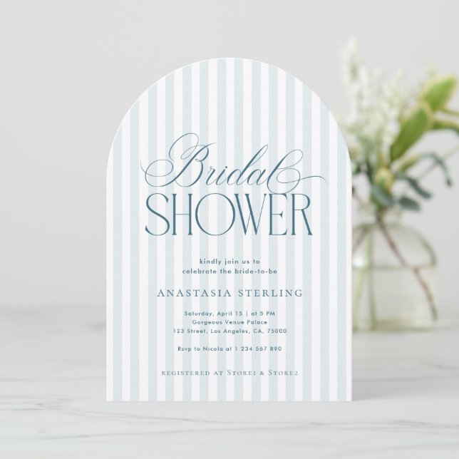 Invitation Timeless Script Blue Stripes Arched Bridal Shower (Debout devant)