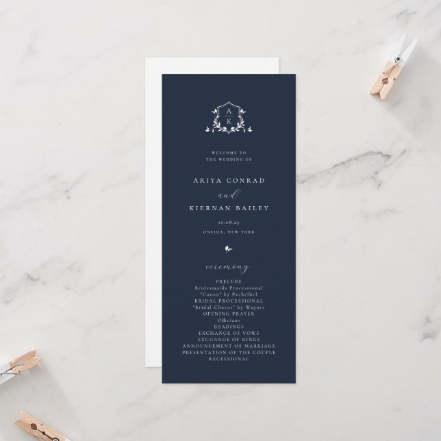 Invitation Timeless Vines Monogram Crest Navy Blue Program (Devant/Arrière en situation)