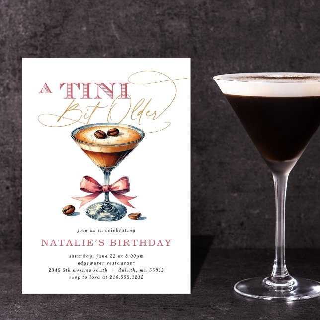 Invitation Tini Bit Ancien Espresso Martini Rose Bow Annivers (Tini Bit Older Espresso Martini Pink Bow Birthday Invitation)