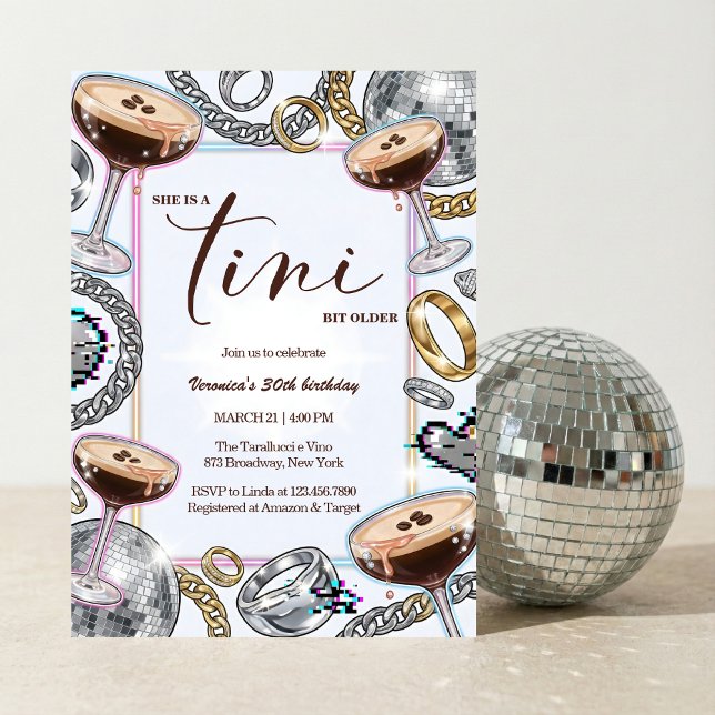 Invitation Tini Bit Older Martini Espresso Glam Anniversaire (A Tini Bit Older Espresso Martini Disco Glam Neon Party - birthday party invitation)