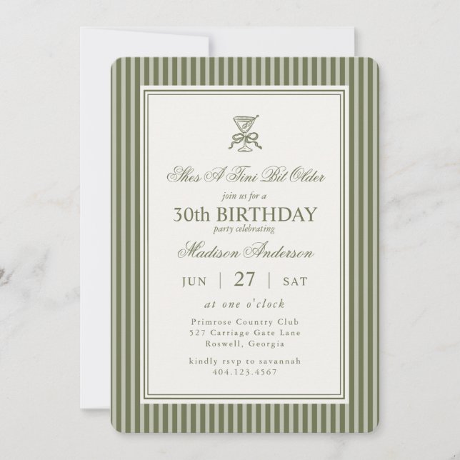 Invitation Tini Bit Older Martini Olive Stripé Anniversaire (Devant)