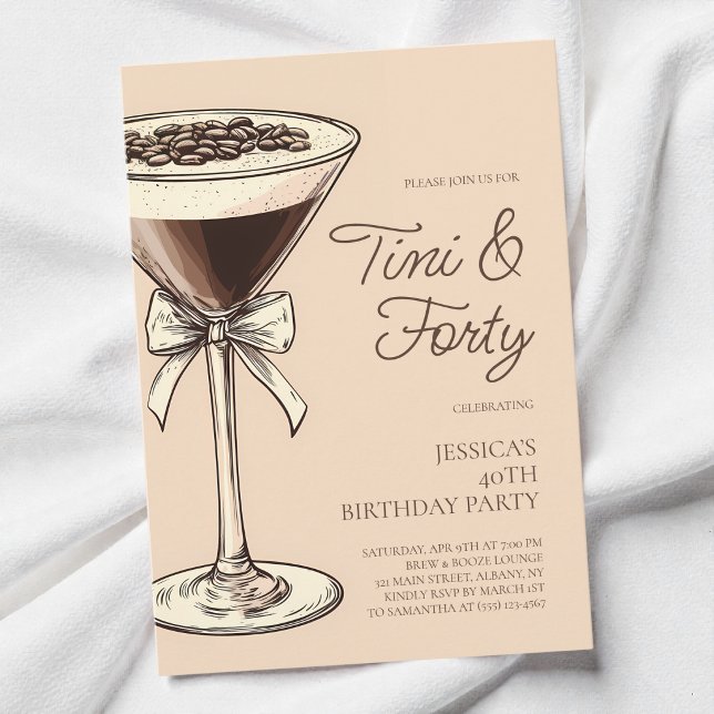 Invitation Tini et Quarante Script Martini Fête d'anniversair (Tini and Forty Script Martini 40th Birthday Party Invitation)