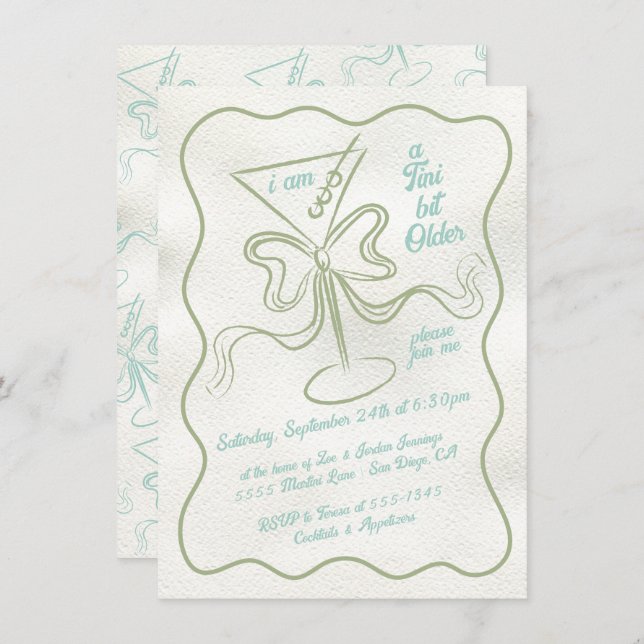 Invitation Tini un peu plus vieux Martini Bow Funky Anniversa (Devant / Derrière)