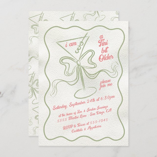 Invitation Tini un peu plus vieux Martini Bow Funky Anniversa (Devant / Derrière)