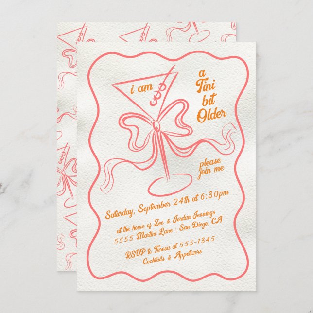 Invitation Tini un peu plus vieux Martini Bow Funky Anniversa (Devant / Derrière)