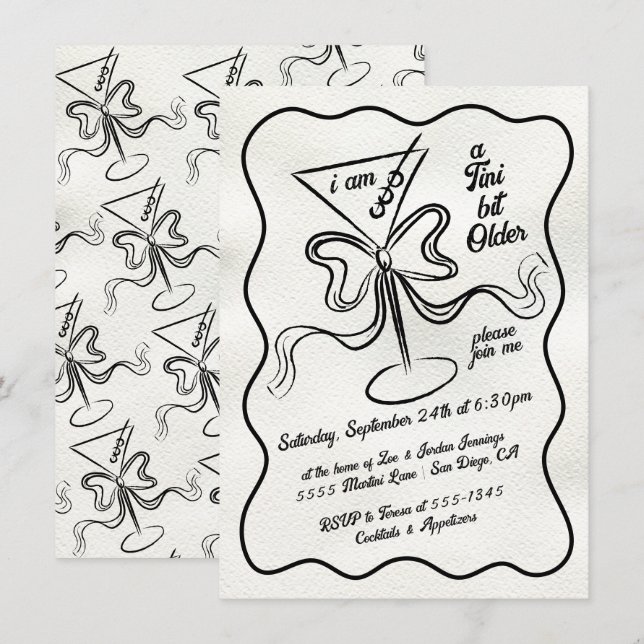 Invitation Tini un peu plus vieux Martini Bow Funky Anniversa (Devant / Derrière)