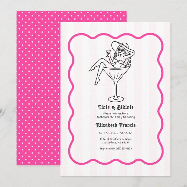 Invitation Tinis & Bikinis Martini Enterrement de Vie de Jeun (Devant / Derrière)