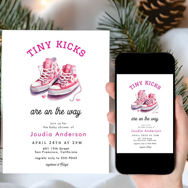 Invitation Tiny Kicks Sneakers Sports Pink Baby Shower  (Créateur téléchargé)