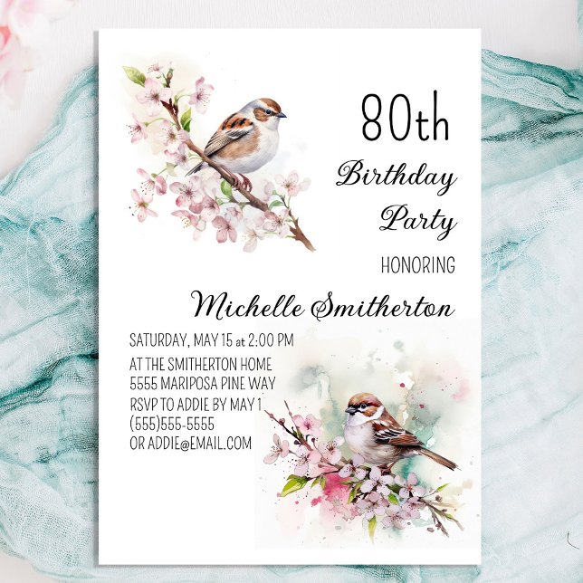 Invitation Tiny Sparrow Cherry Blossoms Printemps 80e Anniver (Pretty sparrow 80th birthday party invitation for women)
