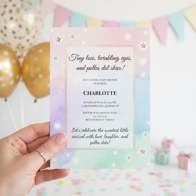Invitation Tiny Toes Polka Point Bébé Fête Luxe Pastel (Créateur téléchargé)