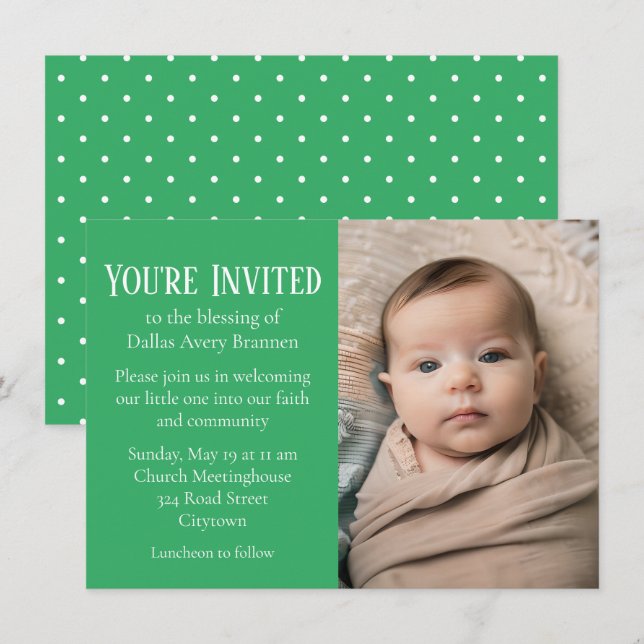 Invitation Tiny White Spots sur Green Photo Baby Blessing (Devant / Derrière)