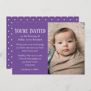 Invitation Tiny White Spots sur Purple Photo Blessing bébé