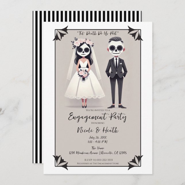 Invitation Tip Toe Sugar Skull Bride & Groom Engagement (Devant / Derrière)
