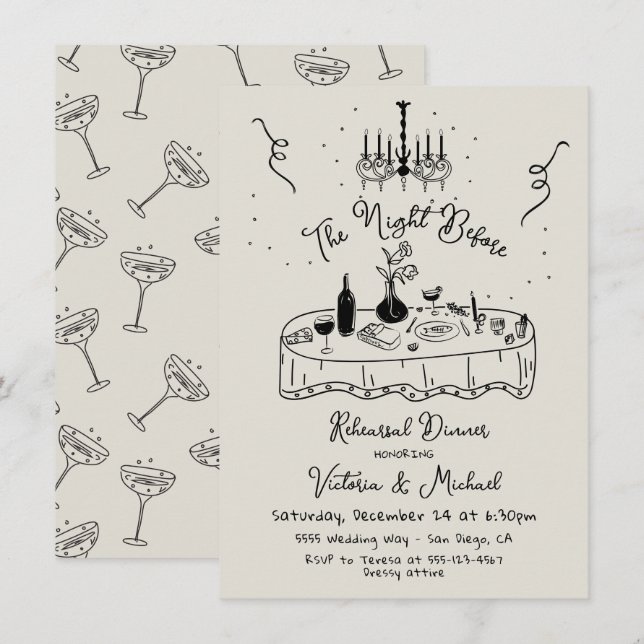 Invitation Tiré À La Main Sketc La Nuit Avant Le Dîner De Rép (Devant / Derrière)