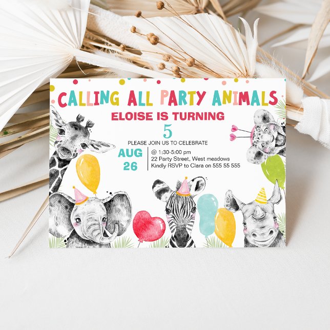 Invitation Tirée Appeler Tous Les Animaux De Fête Safari Anni (Colorful Calling All Party Animals Safari Birthday Invitation, Jungle Animals, Balloons, Party Hats)
