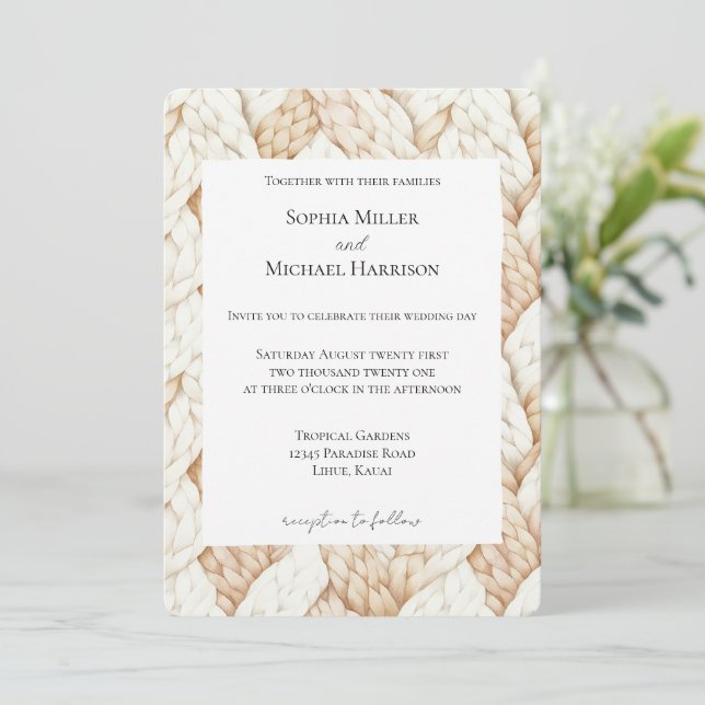 Invitation Tissage de mariage beige crème cosy (Debout devant)