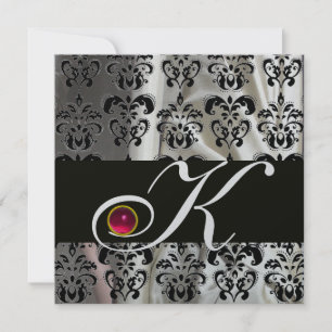 INVITATION TISSU DAMASSÉ EN SOIE NOIR ARGENTÉ MONOGRAMME ROSE