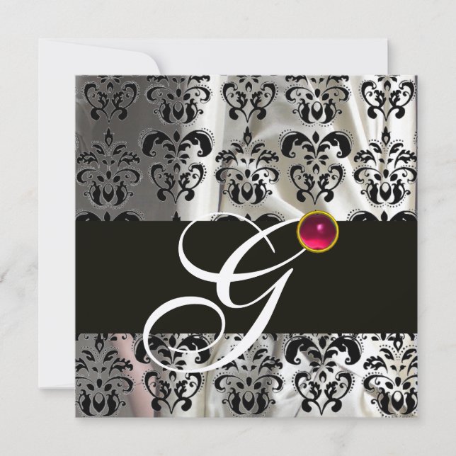 INVITATION TISSU DAMASSÉ EN SOIE NOIR BLANC MONOGRAMME ROSE R (Devant)